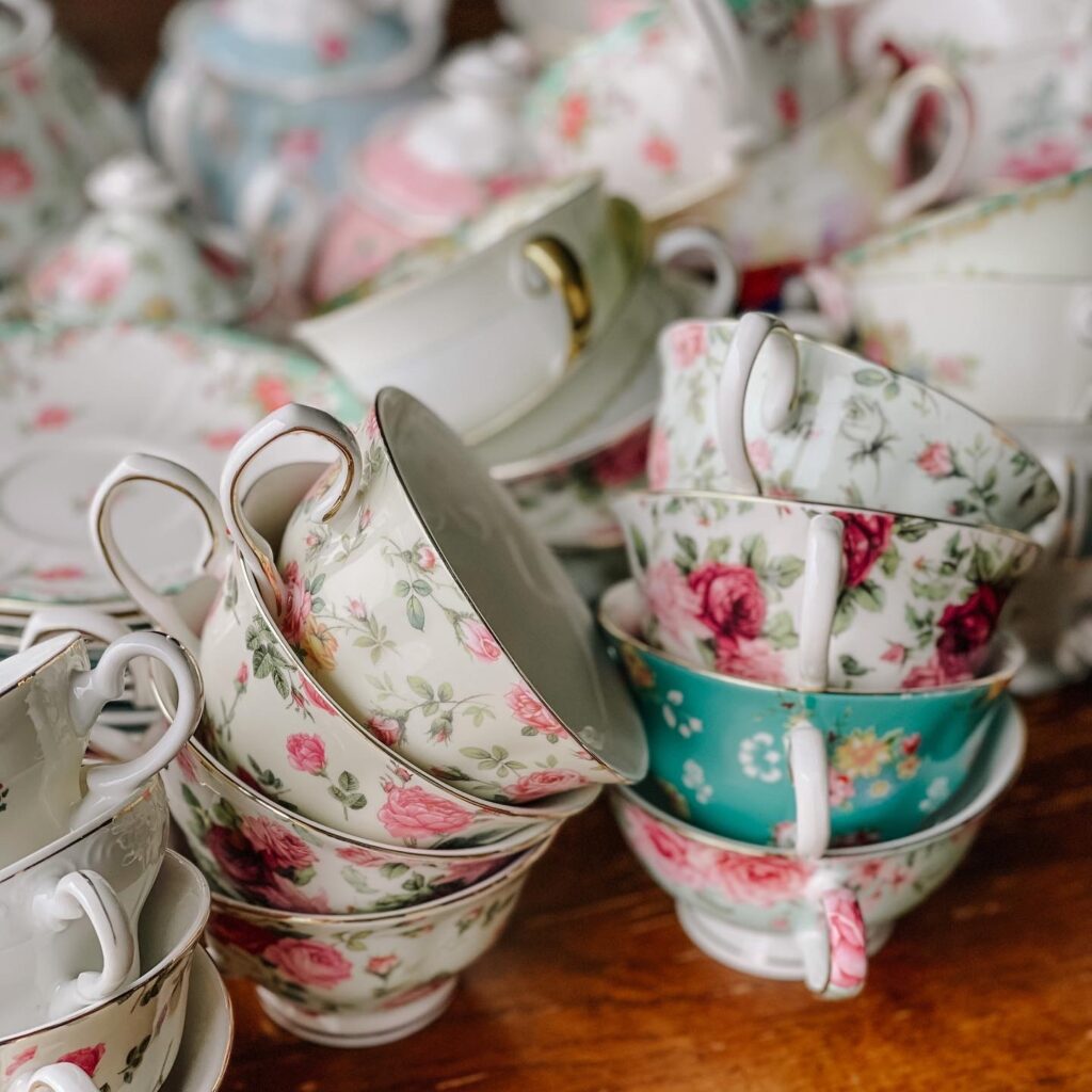 Stacks of vintage floral teacups